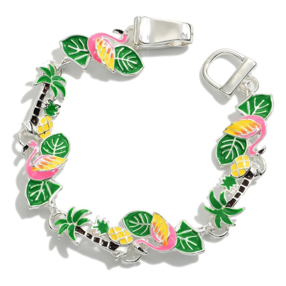 Silver Tone Palm Tree, Flamingo, and Pineapple Enameled Link Bracelet